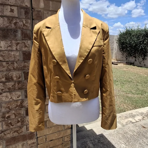 7 For All Mankind Cropped Button Long Sleeve Gold Blazer Women Size Medium - Picture 5 of 16